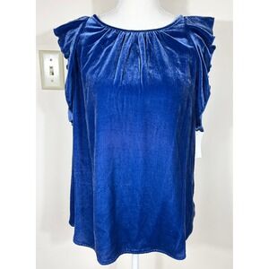 Gap Velvet Top Women M Cobalt Blue Silk Blend Ruffle Sleeve Keyhole Fairy Luxe